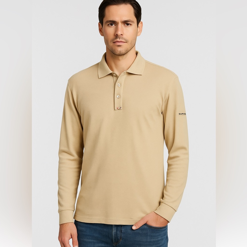 Burberry Golf Long Sleeve Polo Shirt Beige Nova Check Trim Size L K4